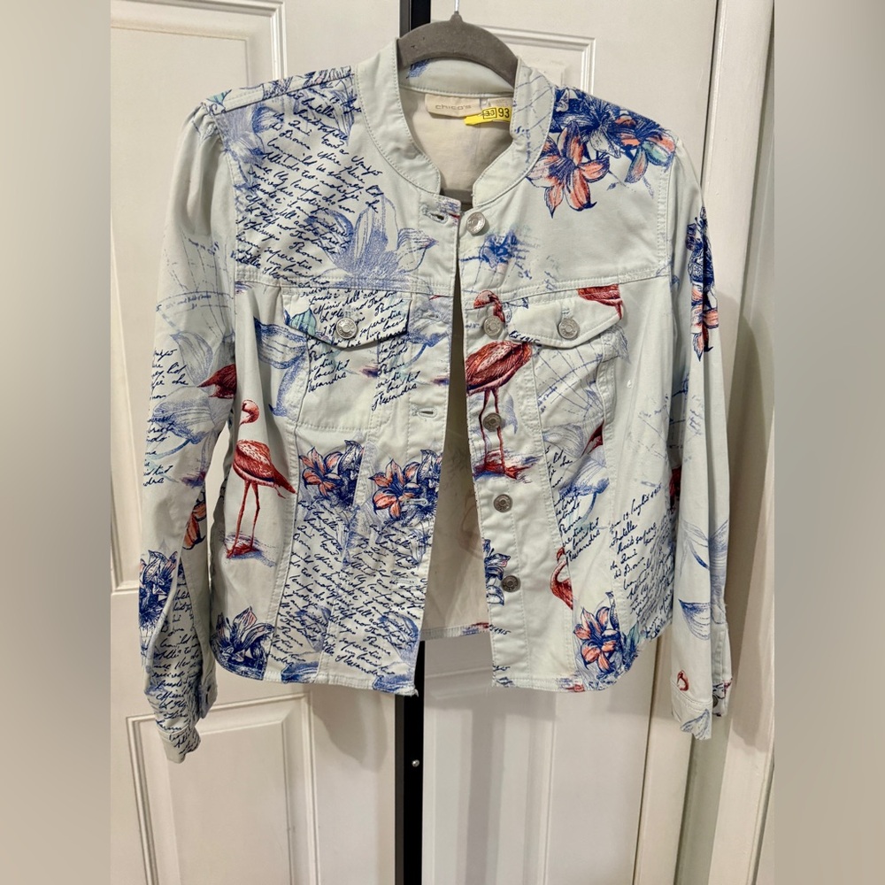 Chico's Baby‎ Blue Tropical Flamingo  Jean Jacket